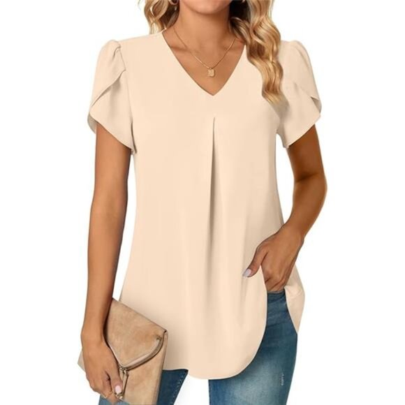 Women's Plus Size Summer Dressy Chiffon Blouses Short Sleeve V Neck Tunic Tops - Picture 7 of 7